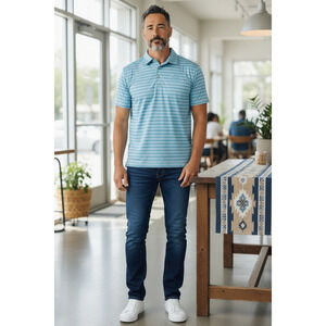 Peter Millar Summer Comfort The Links Blue Striped Polo Shirt Golf Stretch L